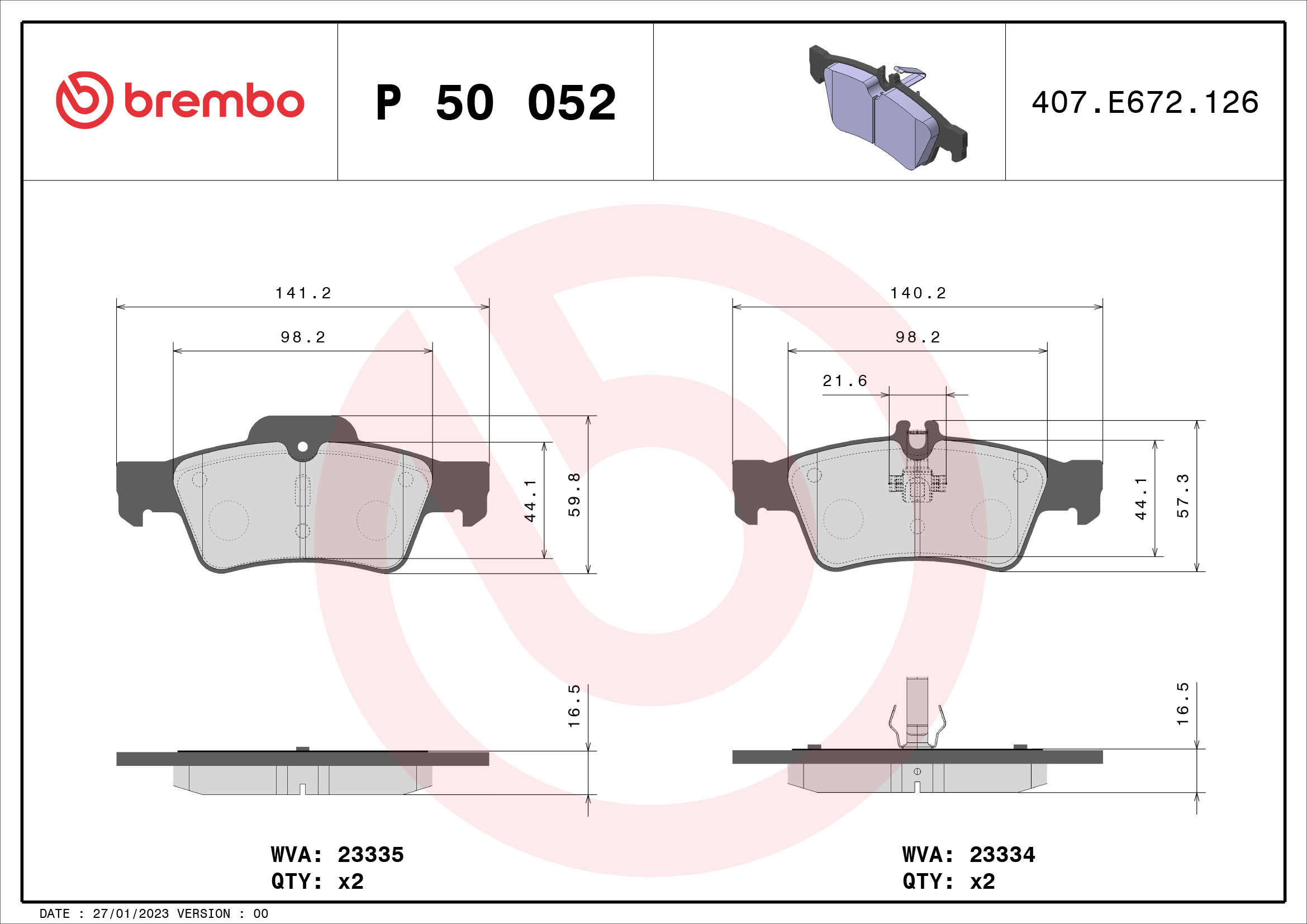 A.B.S. P 50 052 BREMBO Bremsbelagsatz, Scheibenbremse